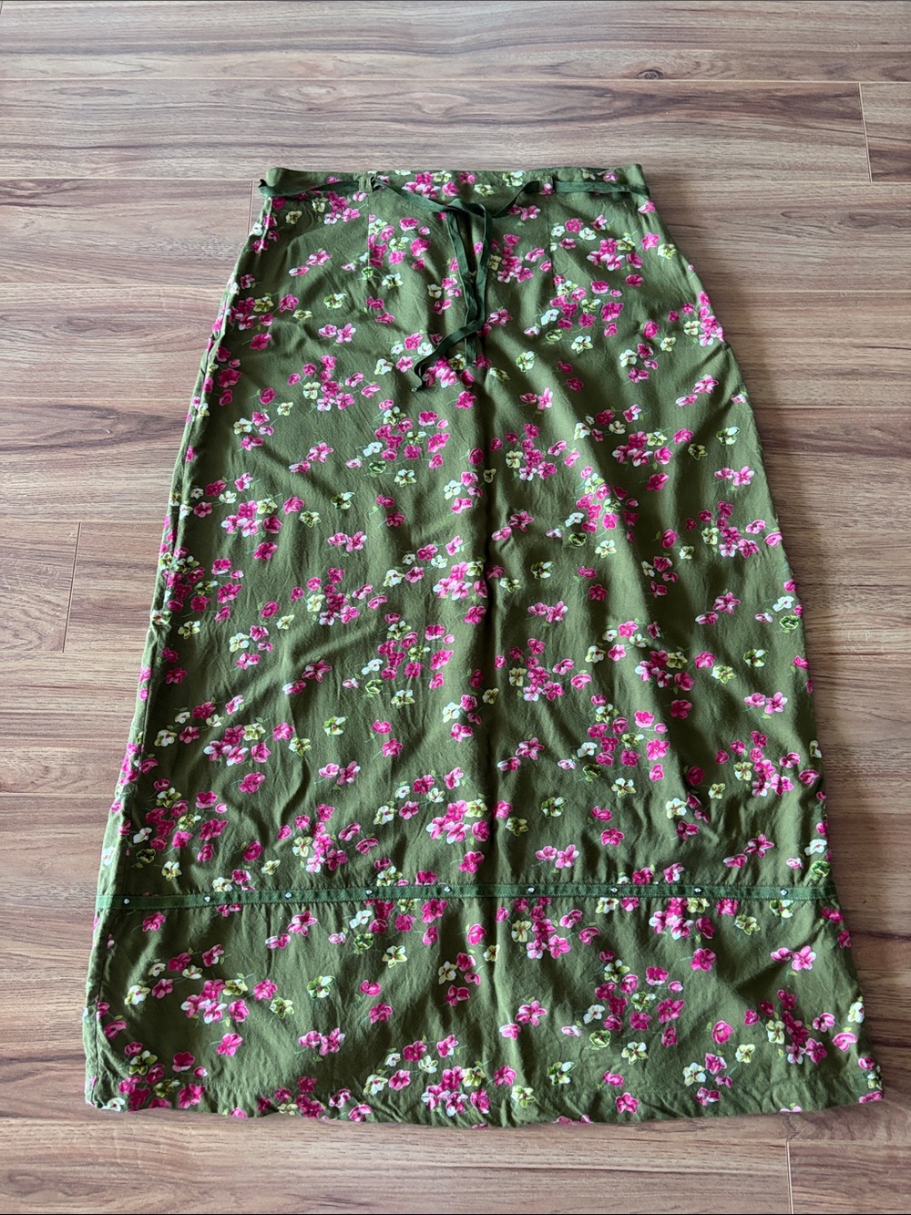 April Cornell Olive Green Maxi Skirt with Pink Floral Print